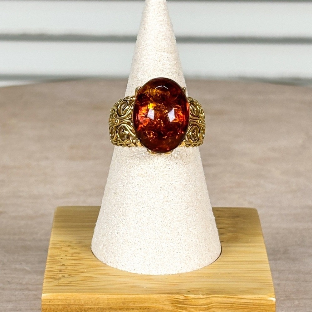 Stauer Baltic Honey Amber Ring Gold Over Sterling Silver Filigree W2008 Size 8